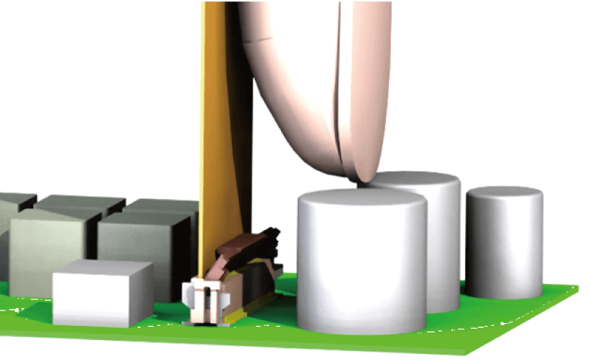 Flip-type FPC connector connection image illustrating actuator closing interference caused by nearby components.