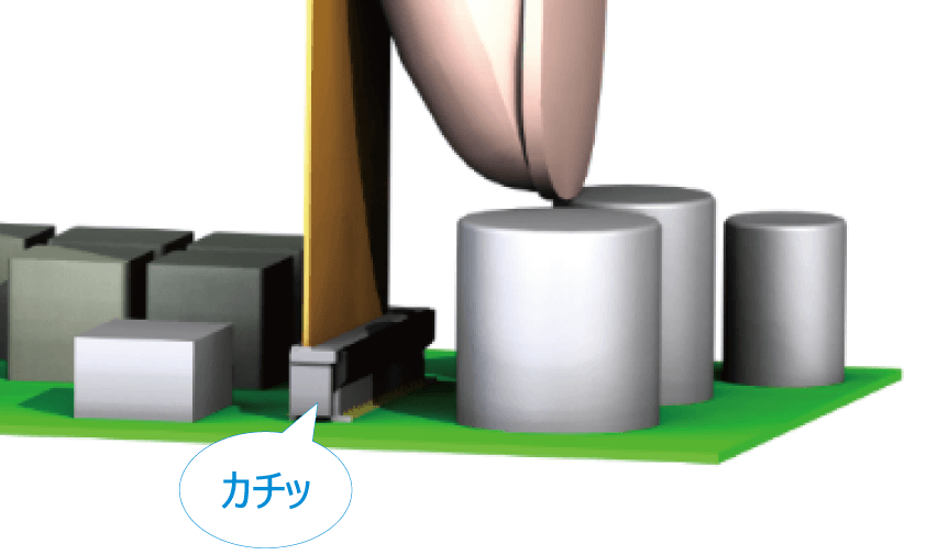ワンアクションFHタイプのFPCコネクタの接続イラスト。挿すだけなので、近くに部品があっても問題ないことを表しています。